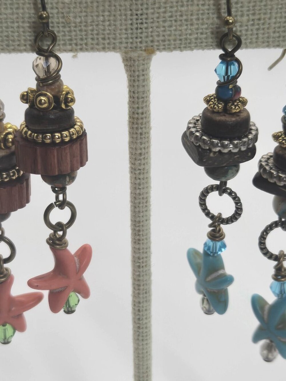 Sea Life Earrings Lot of 2 Wood Beads Handmade Starfish Colorful